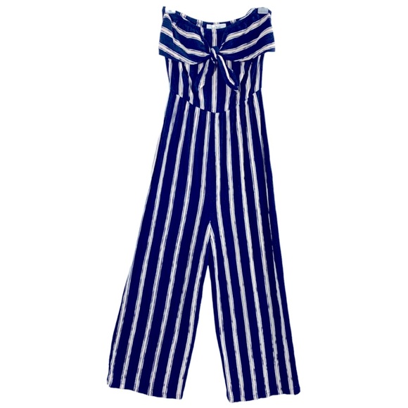 BLUE WHITE VERTICAL STRIPE Love Tree Romper Jump Suit rayon Strapless wide leg L - Picture 1 of 16